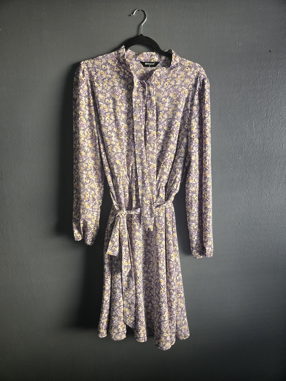 Allegra K Lavender Ditsy Vintage Prairie Floral Tie-Waist Long Sleeve Dress XL